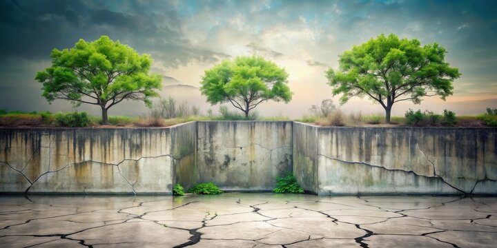 Resilience Three vibrant trees stand atop a cracked concrete wall, symbolizing nature's enduring strength against adversity, a testament to life's persistence amidst challenges.