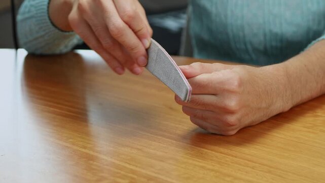 Woman shaping and smoothing her fingernails with a black nail file during a calm grooming session indoors.