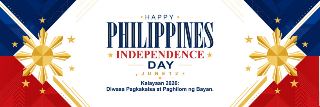 Elegant Happy Philippines Independence Day Banner, with the slogan Kalayaan 2026: Diwa Sa Pagkakaisa at Paghilom ng Bayan. Translation: Independence 2026: Spirit of Unity and Healing of the Nation.