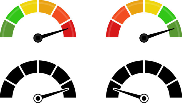 Dashboard colorful speedometer icons set. Tachometer icon isolated. Performance indicator sign. Car speed. Fast internet speed sign. Speedometer icon. 3D meter with green, yellow, red indicators.
