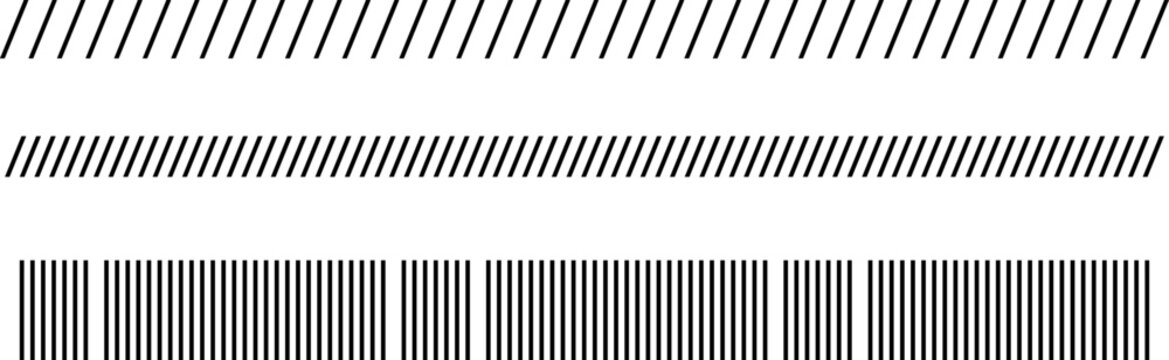 Slash line. Border with diagonal lines set. Angle of tilt stripes. Black pattern of footer