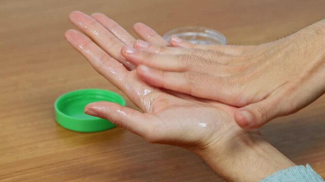 Woman moisturizing her hands with petroleum jelly during a personal skincare and wellness routine indoors.