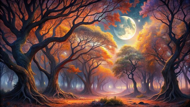 Autumnal Enchantment A Mystical Forest Path Underneath a Giant Crescent Moon, Bathed in Warm, Golden Light