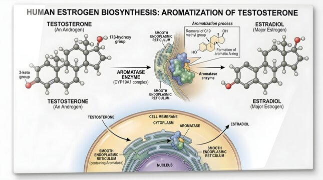 Human Estrogen Biosynthesis from Testosterone &ndash; Aromatization Pathway Diagram Showing Molecular Structures, Aromatase Enzyme Complex, Cellular Membrane Context and Conversion of Androgenic Testosteron