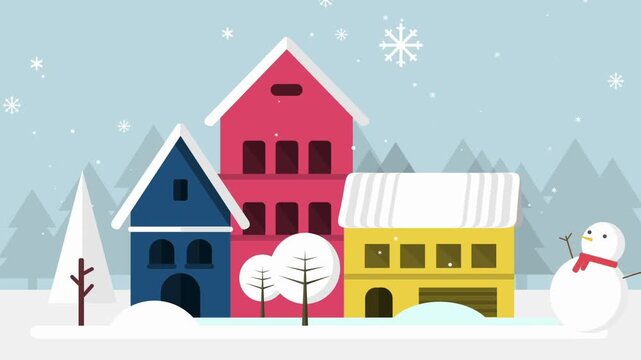 Flat Style Winter Town Animation with Snowman and Falling Snow