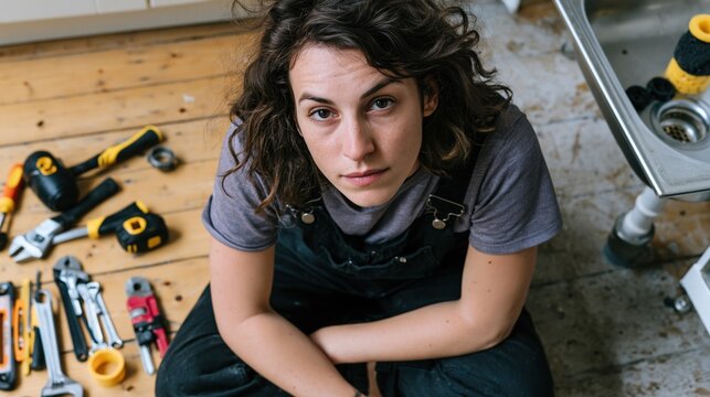 Handy Woman's Toolbox: a woman is captured in a close-up, surrounded by various tools, evoking a sense of resourcefulness and hands-on skill.