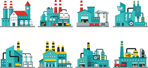 Obraz premium Industrial factory and manufacturing plant collection with warehouses chimneys and production facilities flat vector illustration set