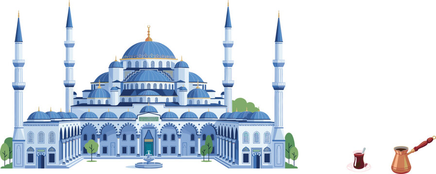 Blue mosque architecture with traditional Turkish tea and coffee pot cultural travel vector illustration isolated collection