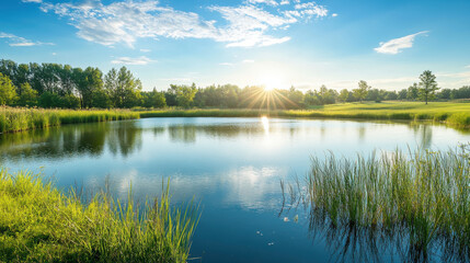 Obraz premium Peaceful water pond reflects blue sky and green grass with trees under sunlight promoting sustainability in natural landscape