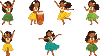 Hawaiian hula dancer girl collection with tropical costumes music and traditional island dance vector illustration set © Jahangir