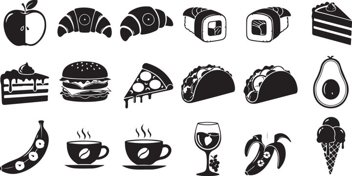 Food and drink icons in black and white
