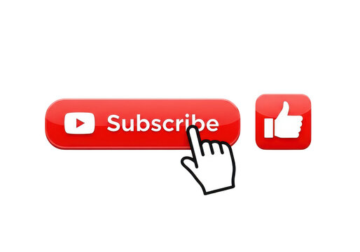 Red subscribe button with play icon and white thumbs up like notification icon isolated on transparent background