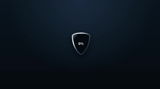 Shield icon progress bar at ninety four percent capacity with a golden liquid fill on a dark blue background for security loading concepts