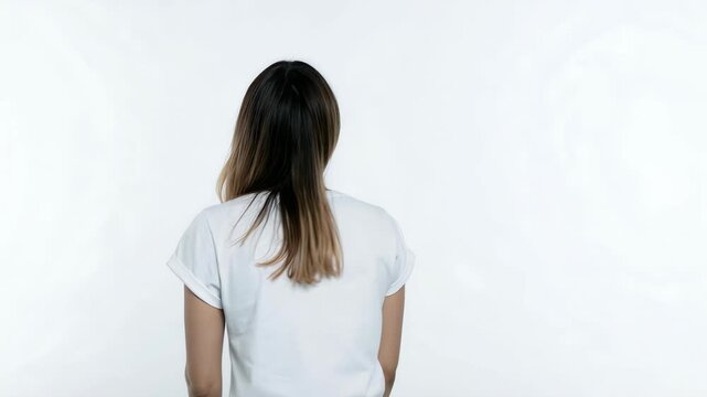 白いTシャツ姿の若い女性が優しい表情で考え込むシンプルな人物写真