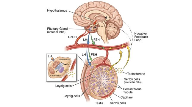 Regulation of Testosterone Secretion &ndash; Hypothalamus, Pituitary and Testis Interaction Diagram Highlighting GnRH, LH, FSH, Leydig and Sertoli Cell Functions in Control of Male Reproductive Hormones

