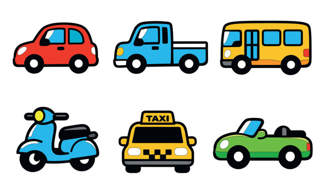 Cartoon vehicles set including red car blue pickup yellow bus blue scooter yellow taxi and green convertible representing diverse transportation icons in playful style