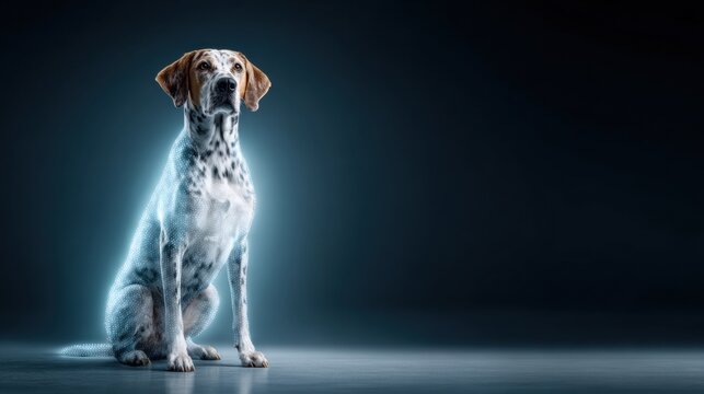 Studio portrait of spotted hunting dog with glowing digital particle outline on dark background