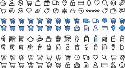 Shopping and ecommerce line icon collection with cart delivery payment coffee and user interface symbols vector set © Jahangir
