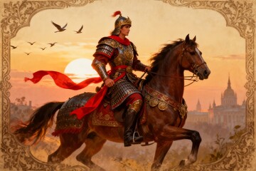 Naklejka premium Knight on Horse at Sunset