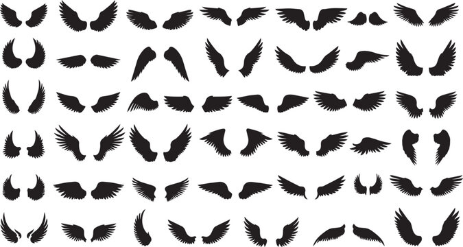 Black bird wing silhouettes arranged in diagonal rows on white background black silhouettes