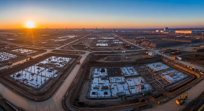 Wide view of a large construction site at sunset