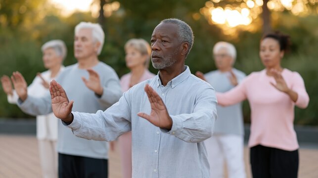 Tai Chi Serenity: A harmonious group of diverse individuals practices Tai Chi outdoors, embodying the tranquility of mindful movement and inner peace.