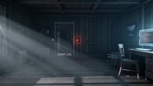 Dimly lit rustic room featuring a glowing screen on a wooden desk with atmospheric light beams entering through window casting shadows across the weathered floorboards in an abandoned farmhouse