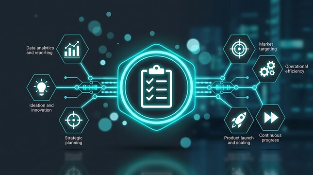 Business process management concept with icons for strategy, innovation, data, market targeting, and operational efficiency, showcasing organized planning and execution.