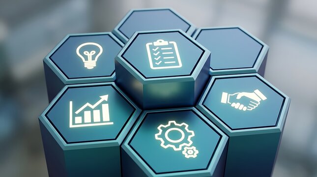 Conceptual hexagonal blocks with business icons: lightbulb, chart, checklist, handshake, gears, representing innovation, growth, planning, partnership, and process in a modern digital interface.