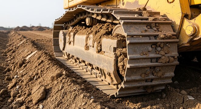 Close-up of heavy duty metal tracks of a yellow bulldozer or excavator moving through dirt on a construction site