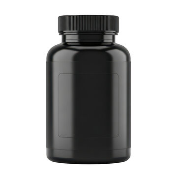 Black matte pill bottle with textured cap isolated on transparent background