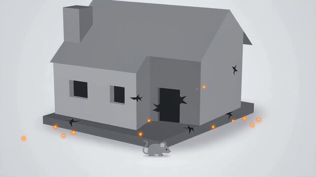 A small rodent lurking near a damaged residential dwelling showing signs of structural infestation and neglected maintenance issues that require professional pest control services for home safety