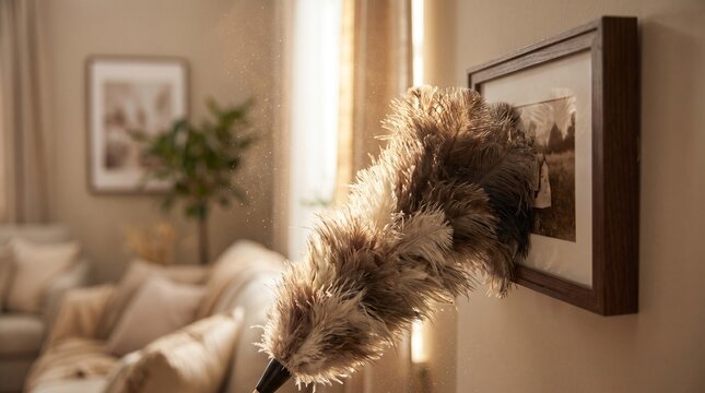 Feather duster on picture frames cleaning a cozy sunlit living room for home maintenance and housekeeping services