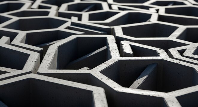 A perspective view of a grey concrete surface with a repeating 3D hexagonal, honeycomb-like geometric pattern