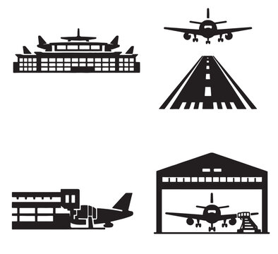 Black silhouettes of airport infrastructure icons including terminal building runway airplane jet bridge and hangar representing aviation operations and air travel logistics