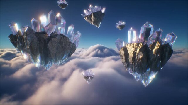 Floating fantasy crystal islands hovering above the clouds in the sky