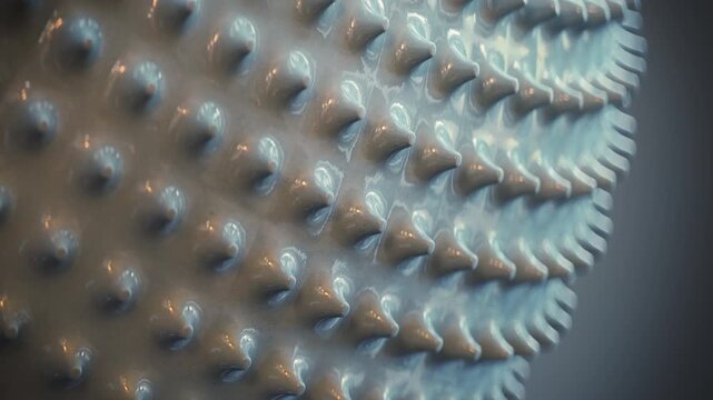 Seamless loop animation of a rotating glossy geometric surface with repeating spikes. Futuristic abstract motion background with soft cinematic lighting and minimal design. 3D render