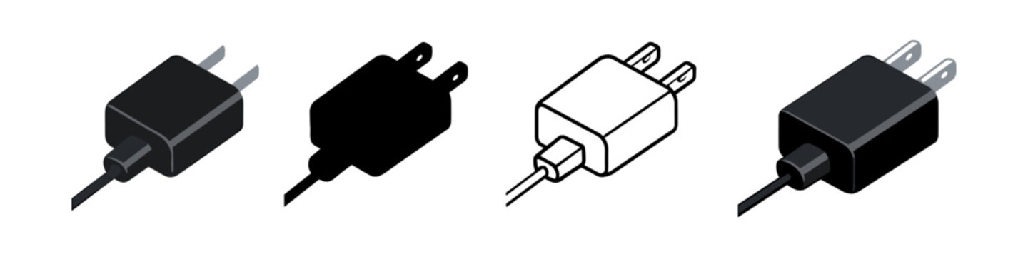 Collection of four isometric power adapter icons in black and white