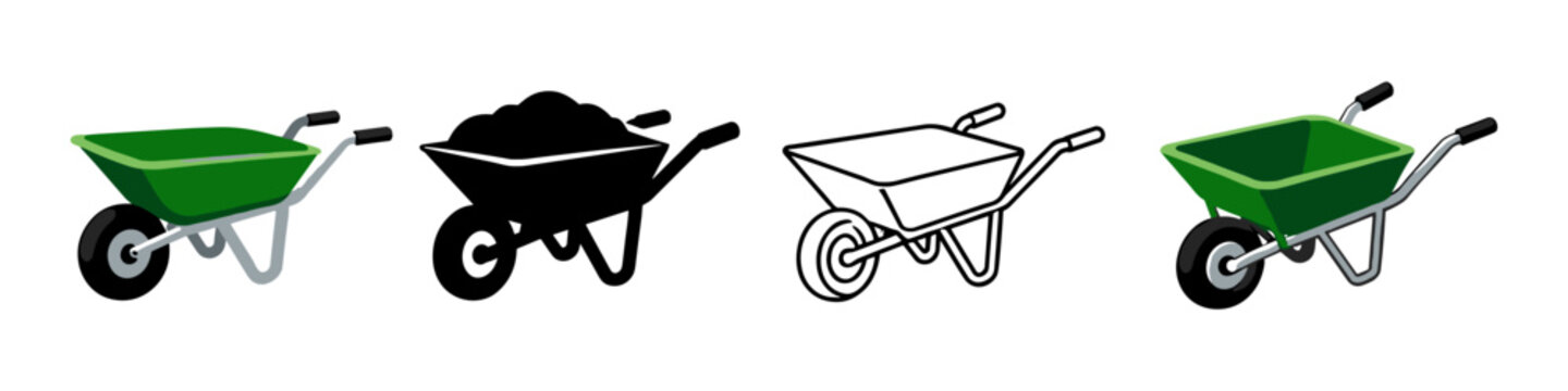 Collection of four different wheelbarrow illustrations in various styles