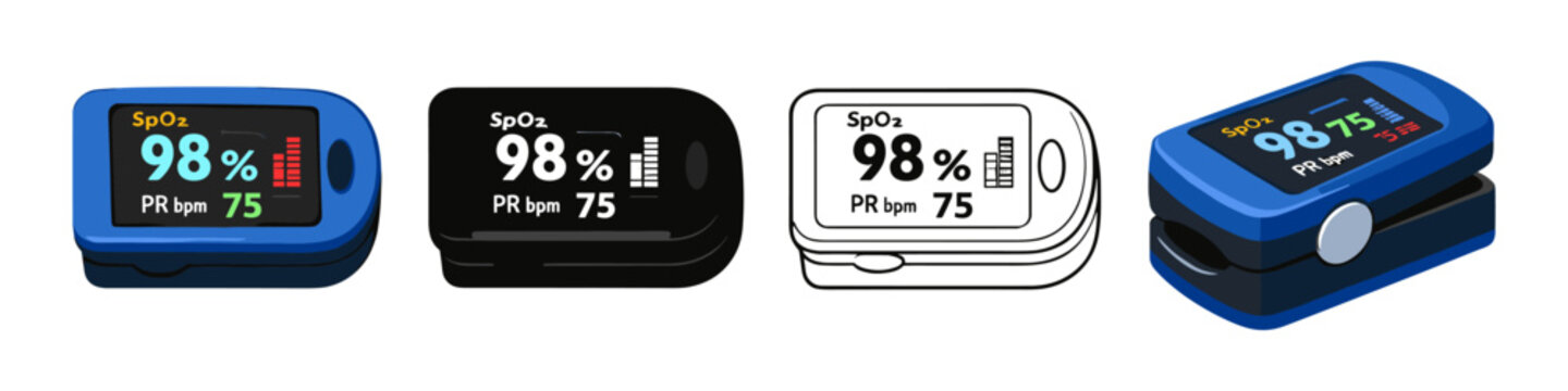 Illustration of different pulse oximeter designs with display readings