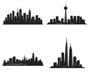 Obraz premium Black silhouettes of diverse city skylines with skyscrapers observation tower clock tower and modern highrises representing global urban architecture and cultural identity