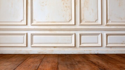 Naklejka premium An interior view showcasing aged wooden flooring beneath scuffed white paneling