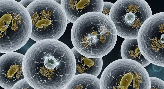 Microscopic Cellular Aging Degeneration Concept with Biological Cell Damage and Human Tissue Breakdown Visualization