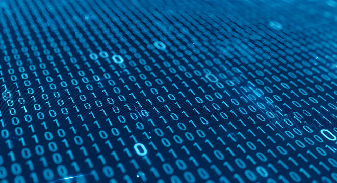 Blue digital code pattern with binary digits, creating a data stream or matrix