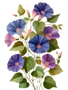 Vibrant morning glories blooming, showcasing intricate petals and lush foliage. The delicate flowers exude elegance