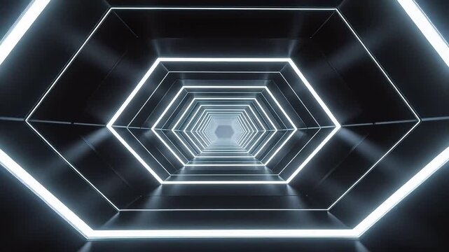 Neon hexagonal tunnel in dark space