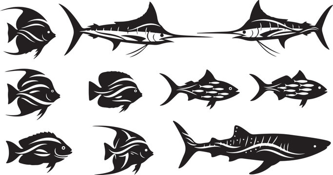 Black and white fish illustrations on white background