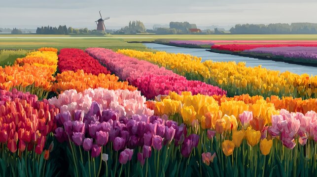 Vibrant tulip fields in full bloom with a windmill in the distance, creating a stunning visual of spring beauty. The colorful flowers stretch across the landscape, painted with every hue imaginable
