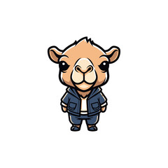 Obraz premium Vector illustration of a cute camel mascot character wearing a blue hoodie and shorts, isolated on a white background. Stylized dromedary animal cartoon character with thick outlines.