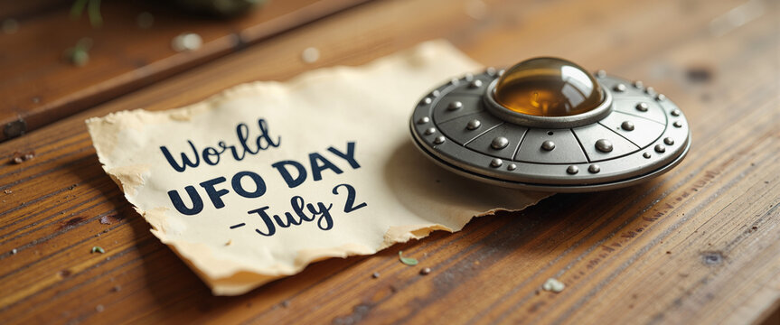 Vintage UFO model with World UFO Day card on wooden table  